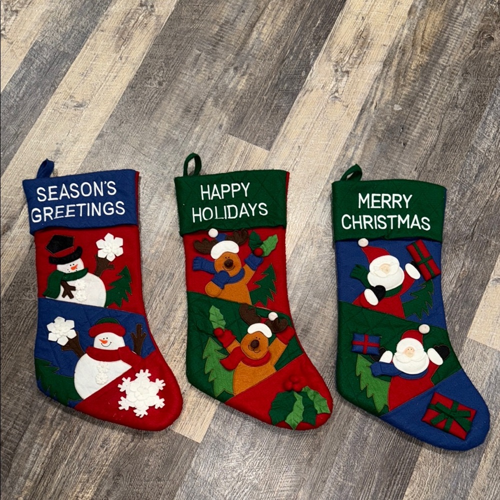 Holiday Cheer Stocking Trio - Red, Green, Blue